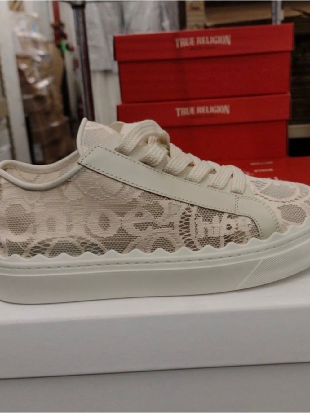 Chloe Women's Lace-Overlay Low-Top Sneakers in Cream